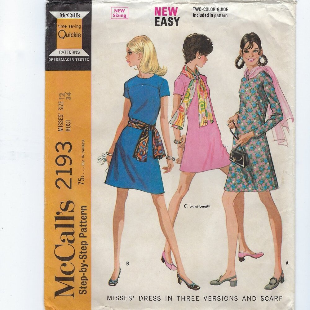 Retro 1960s McCall's Pattern #2193 Size 12 Misses Dress in 3 Versions